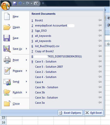 Excel 2007 File menu